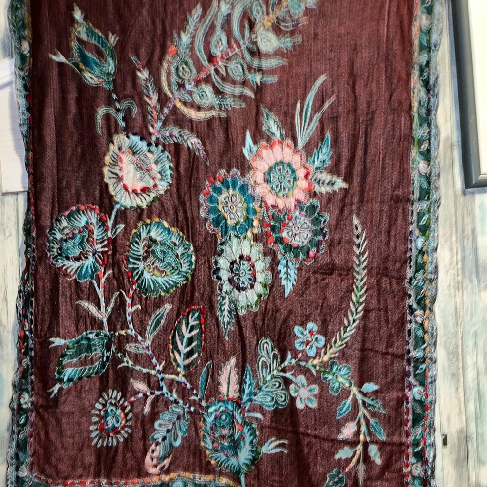 Raj Light Teal and Brown Floral Patterned Infinity Women's Scarf  Raj2